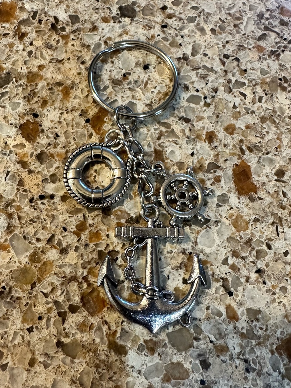 Nautical Anchor Keychain with Lifesaver and Helm Charms - Silver